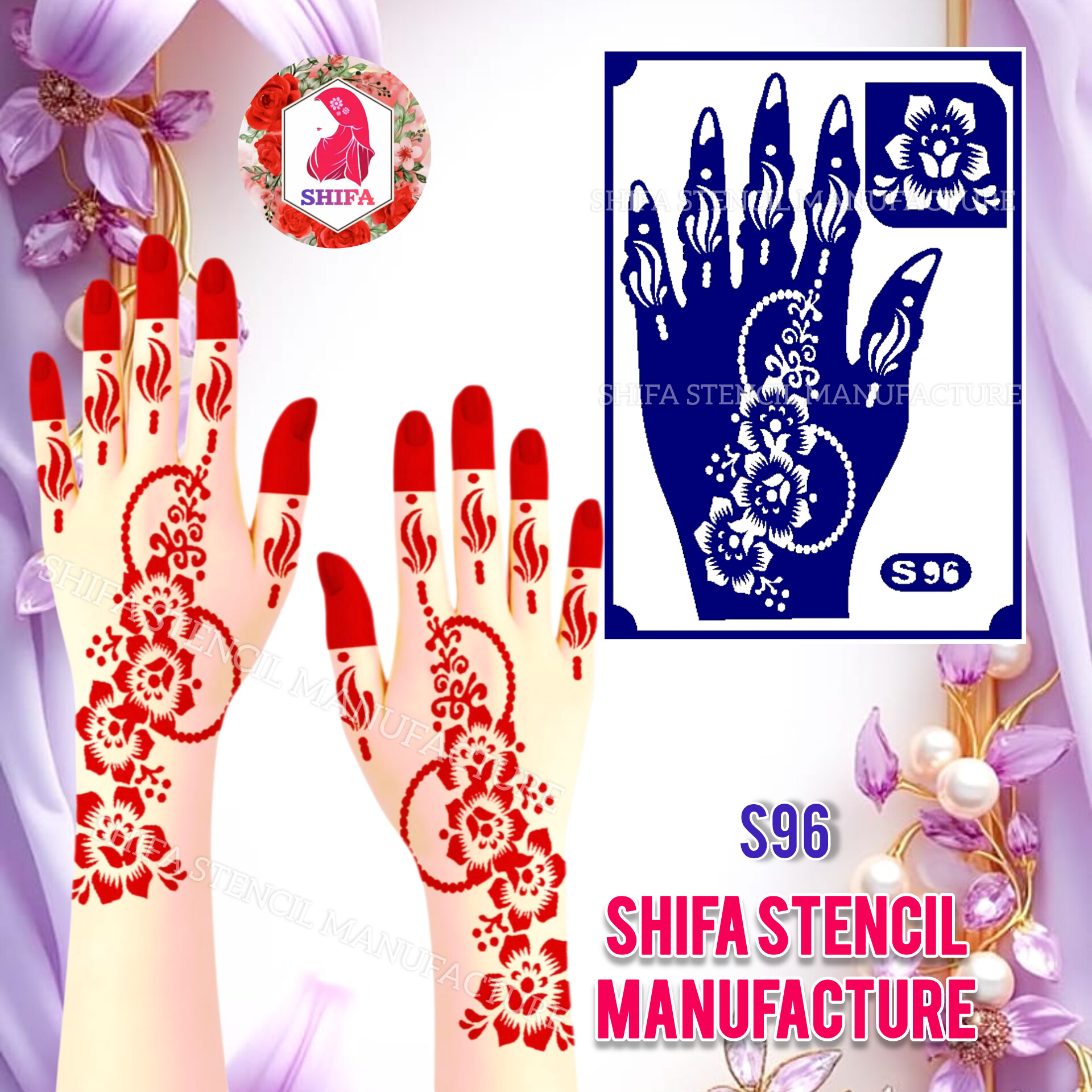 S96 A charming mix of florals and decorative circular patterns Sticker Overview  Henna Stencil - Shifa Stencil